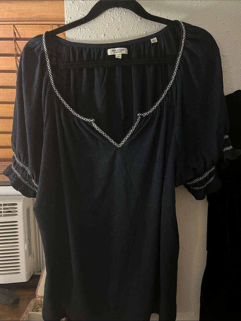Max Studio Navy Blouse with Silver Chain Trim